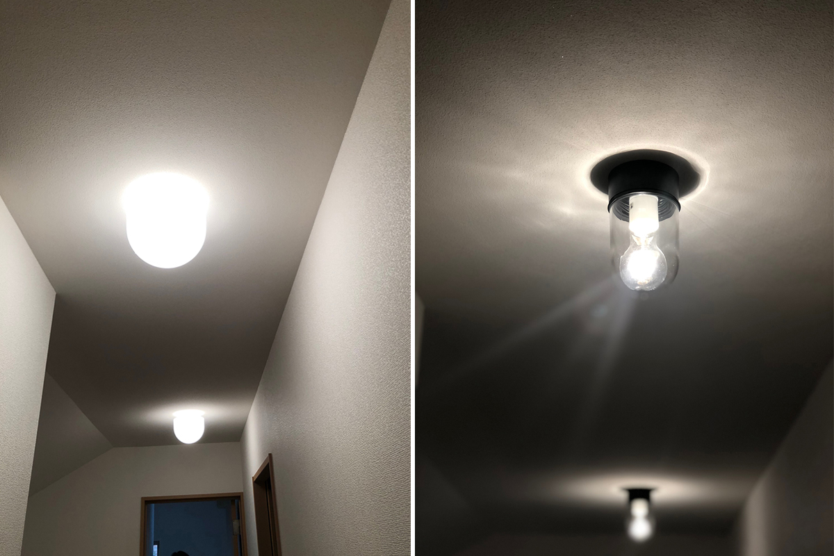 廊下の照明　左：BOFORE→右：AFTER
