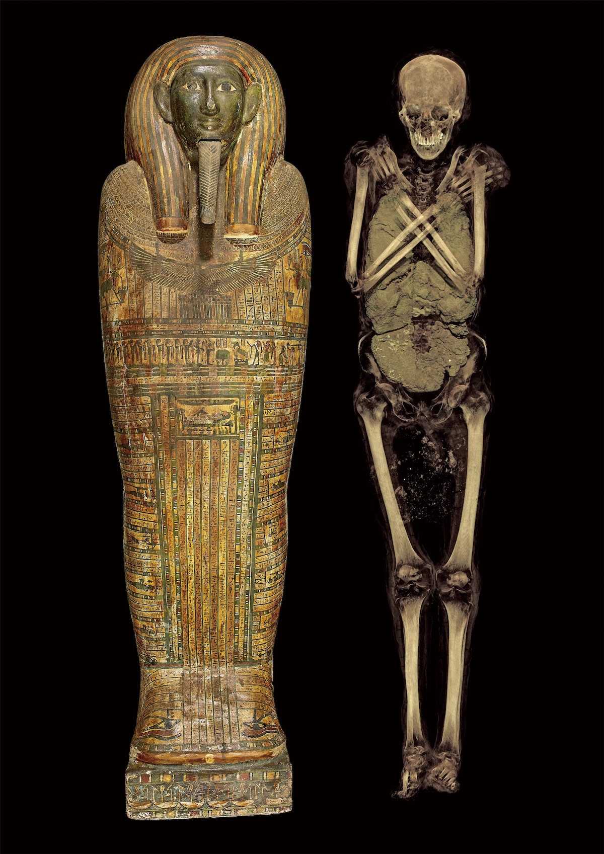 アメンイリイレトの内棺と、ミイラのCTスキャン画像から作成した3次元構築画像
末期王朝時代・第26王朝、前600年頃、大英博物館蔵、
© The Trustees of the British Museum
