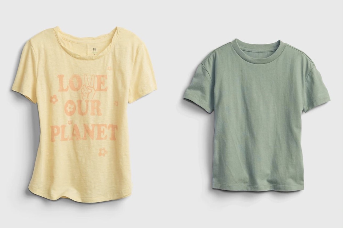 Tシャツはキッズとトドラーも展開。（左）オーガニックコットングラフィックTシャツ（キッズガールズ） ￥1,490 （右）オーガニックコットンイージーTシャツ ￥1,990
